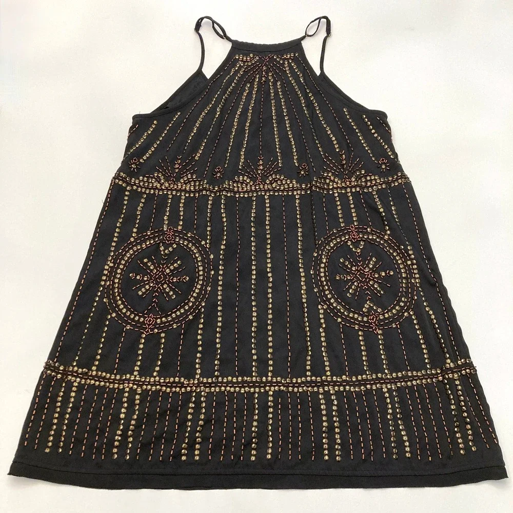 Free People Sedona Mini Slip Dress Beaded Sequin Black Womens Small Shift